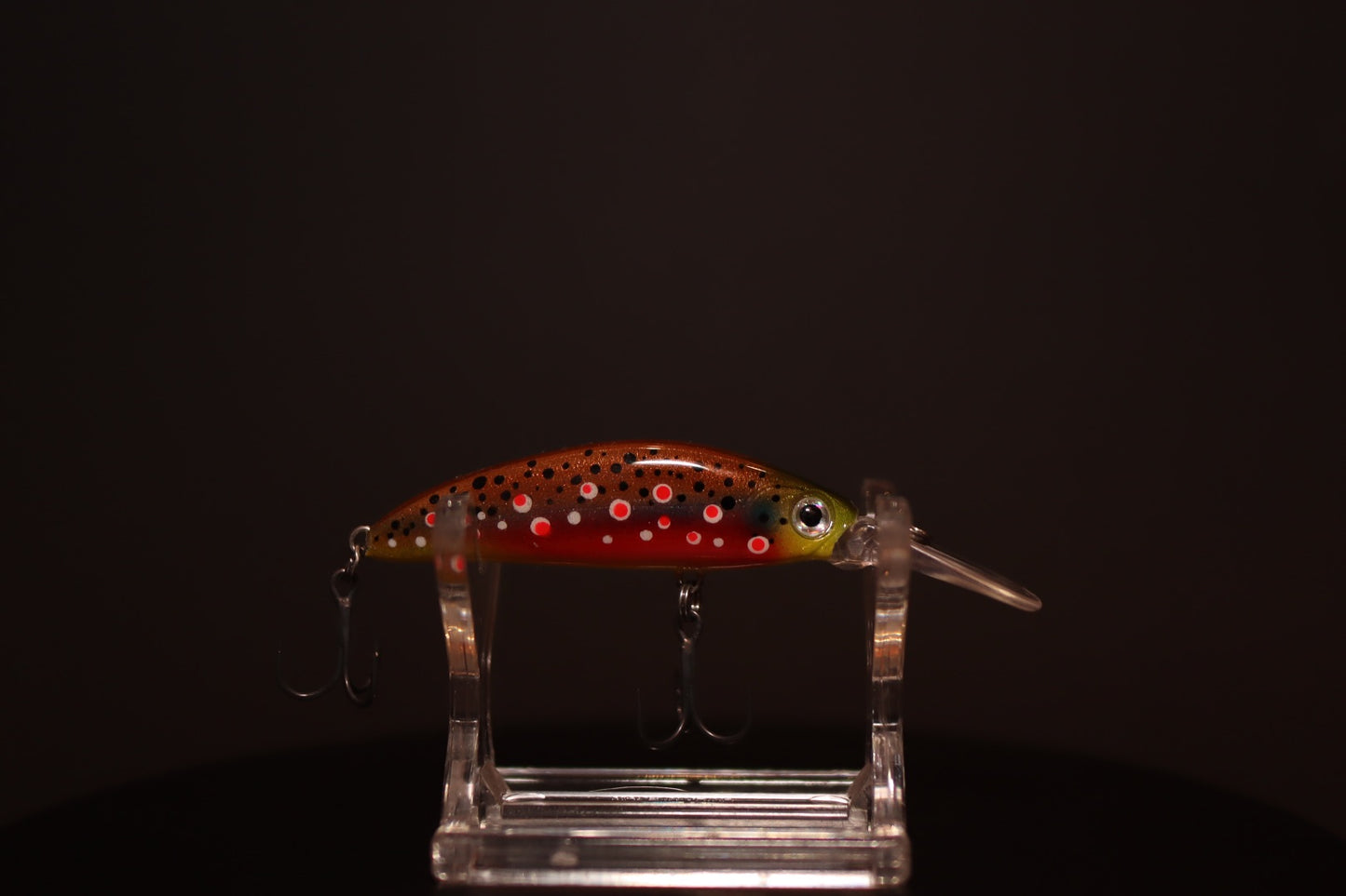 Vobler handmade Evo Fishing model Indigenul de Foc pe stand de prezentare, imitație ultra-realistă a păstrăvului indigen la bătaie, ediție limitată 2026